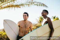 Male friends standing with surfboards 5ao9db