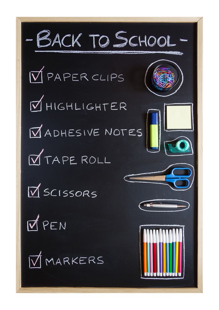 School supplies over chalkboard background