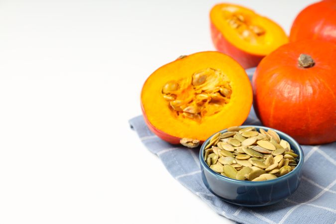 Concept of Autumn vibe food, Pumpkin, Pumpkin seeds, space for text