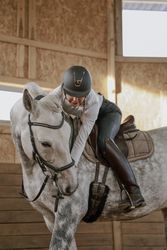 Rider riding dapple gray horse in round arena