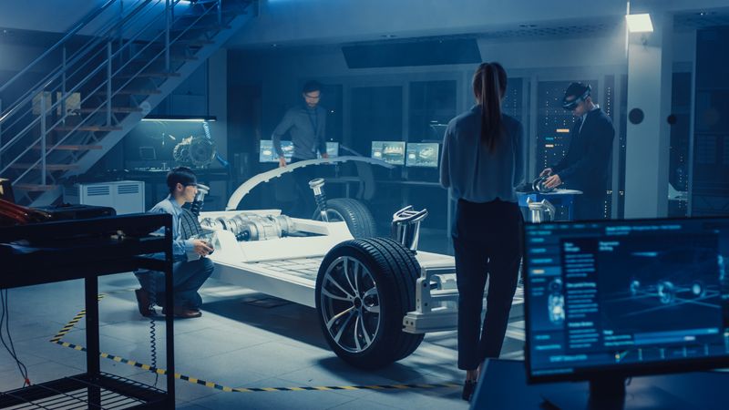 Automotive Design Engineers Work and Do Tests on Electric Car Chassis Prototype.
