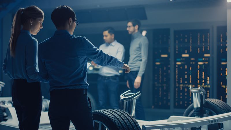 Automobile Engineers Discussing and Designing Electric Car Chassis Platform, Using Tablet Computers with 3D CAD Software