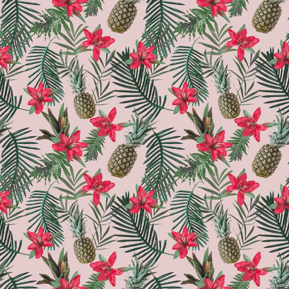 Pineapple pattern with leaves and red flowers on blush pastel background