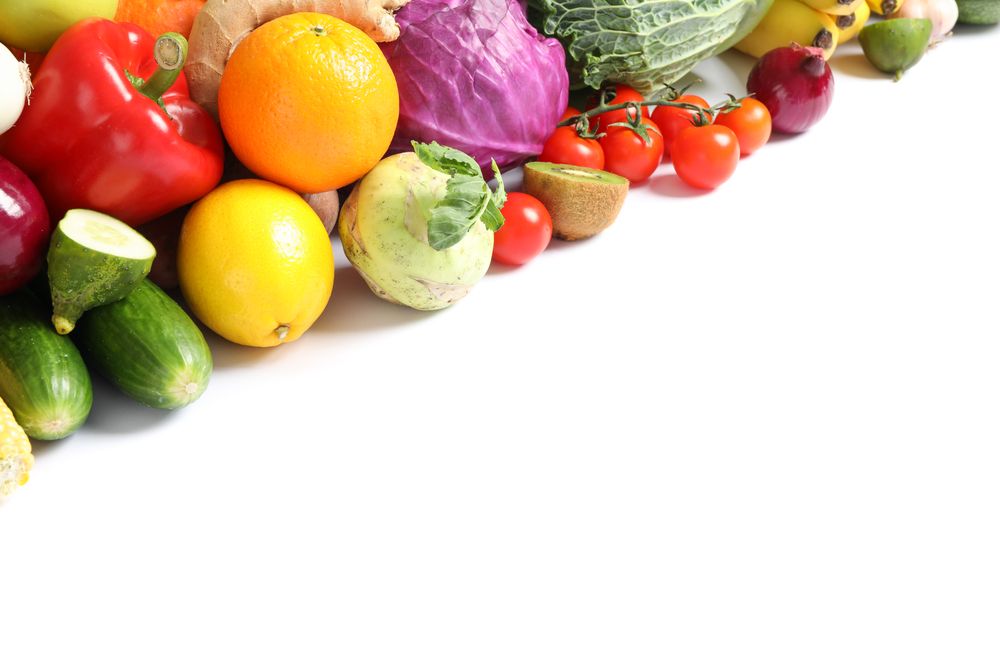 Composition with ripe vegetables and fruits isolated. Healthy food