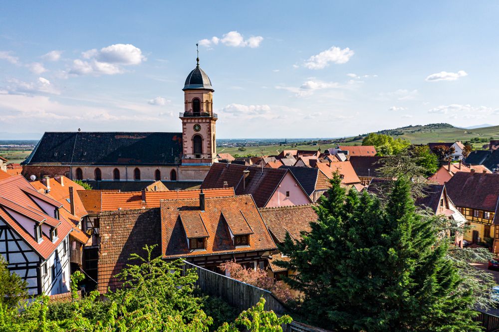 Alsatian village St-Hippolyte. Top aerial view at sunset.