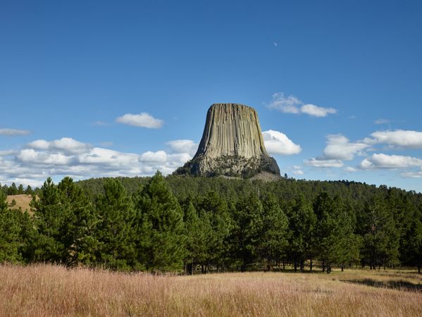 Devil’s Tower, against a blue sky in northeastern Wyoming