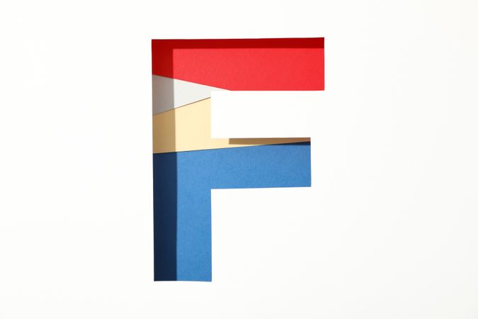 Multicolor letter F on blank background, space for text