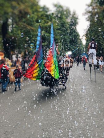 People in costumes walking in a parade