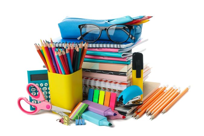 Different school supplies isolated on blank background