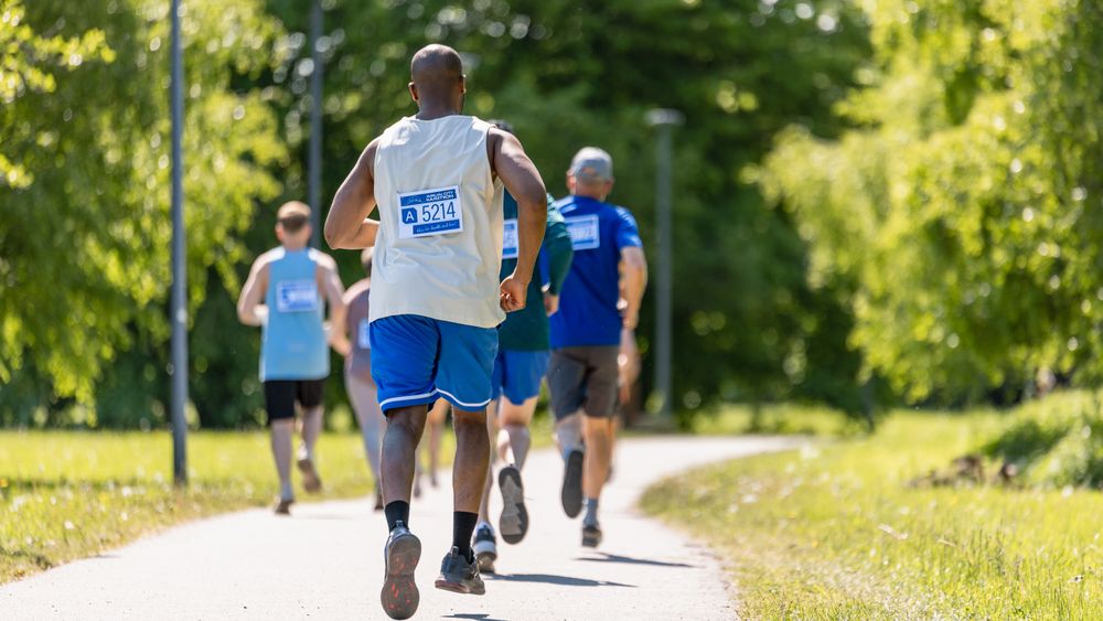 Back View of Diverse Marathon Participants Competing in a Race for the Finish Line: Group of People Running Through Park Health Trail and Participating in a Marathon with Dedication