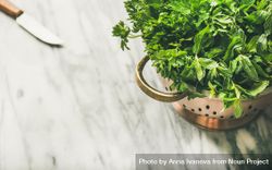 Top view of colander full of fresh green herbs with knife, horizontal composition, copy space 0K3qD0