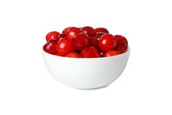 Bowl with fresh red cherry isolated on plain background