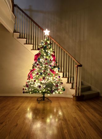 Decorated Christmas tree brightly illuminated in home at night
