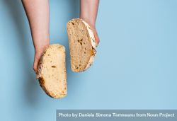 Sourdough bread sliced in two against a blue background 0Wkdr0