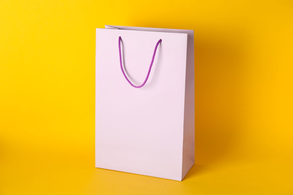 Paper bag on color background, space for text