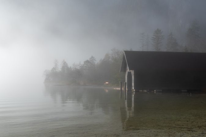 Foggy landscape in the morning on lake Konigsee in the bavarian alps