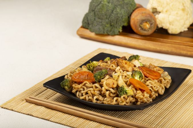 Yakisoba noodles. Yakisoba dish with meat, chicken and vegetables.