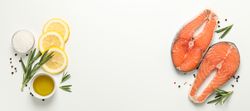 Composition with salmon meat and spices on light background, top view