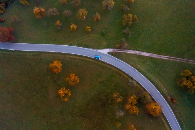 Road passing through an autumn orchard on a cold morning in October, drone aerial view