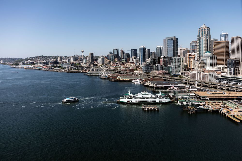 Aerial view of the waterfront and ferry terminal, Seattle, Washington