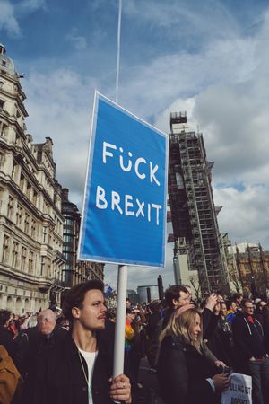 London, England, United Kingdom - March 23rd, 2019: Man holds anti Brexit sign in London in protest