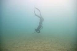 Anonymous diver with harpoon diving into sea