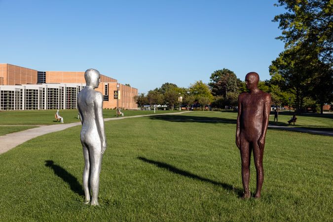 Cast iron and aluminum statue of standing men, Valparaiso University in Valparaiso, Indiana