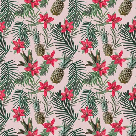 Pineapple pattern with leaves and red flowers on blush pastel background