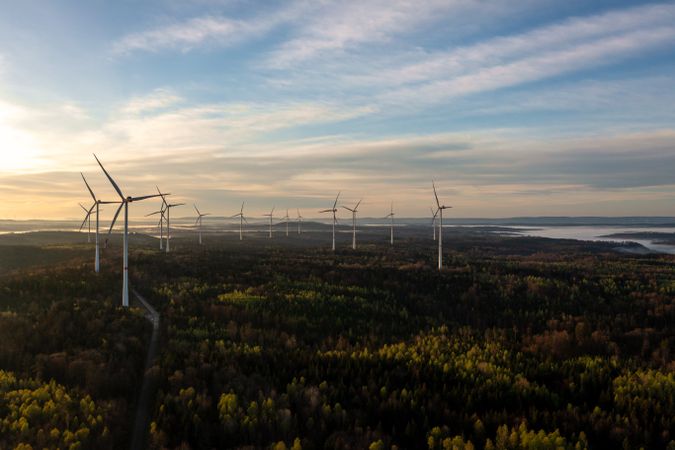 Wind turbine in forest at sunrise, drone aerial view
