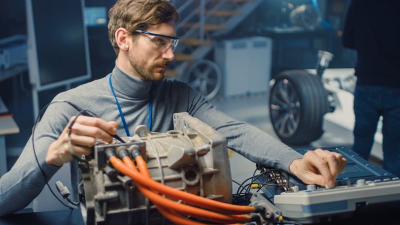 Professional Automotive Engineer in Glasses with a Computer and Inspection Tools is Testing an Used Electric Engine in a High Tech Laboratory with a Concept Car Chassis.