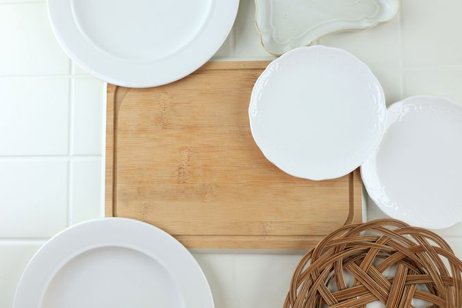 Top View Various Dish Plate with Bamboo Chopping Board