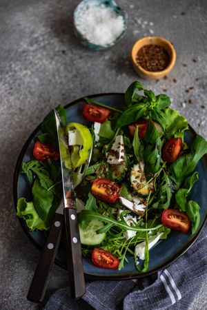 Top view of delicious nutritious salad with flax seeds