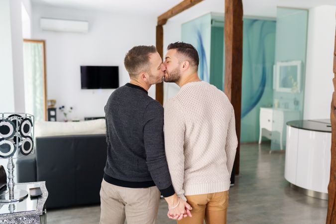 Rear view of male sharing a kiss in living room of a house