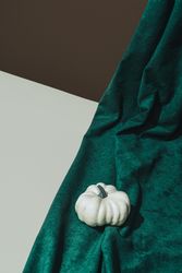 Retro still life with light pumpkin and green curtain