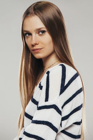 young woman in striped clothing