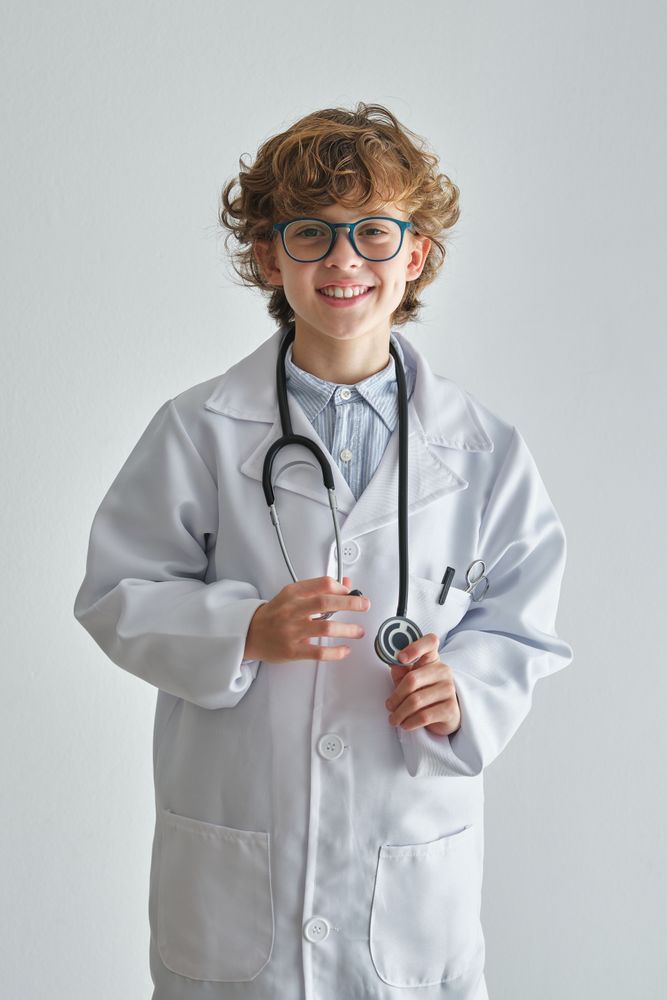 Cheerful boy doctor in medical uniform and eyewear