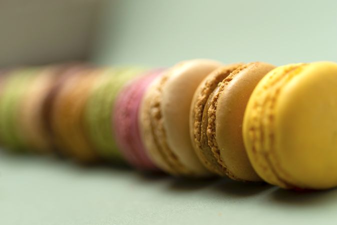 Colorful macaroons in line on a table
