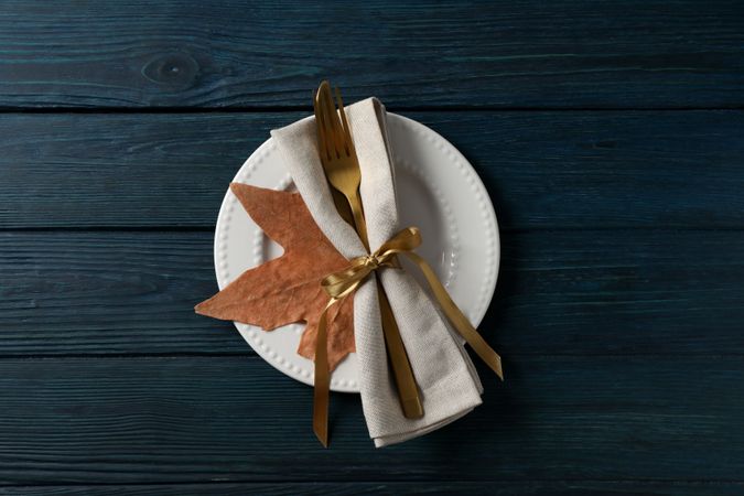 Concept of Thanksgiving day, Autumn table setting, top view