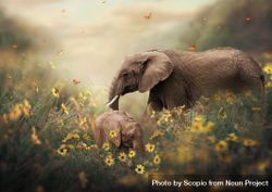 Elephant and calf surrounded by flowers and butterfly 5rKBd4