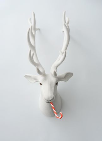 Decorative mounted head of reindeer with candy cane