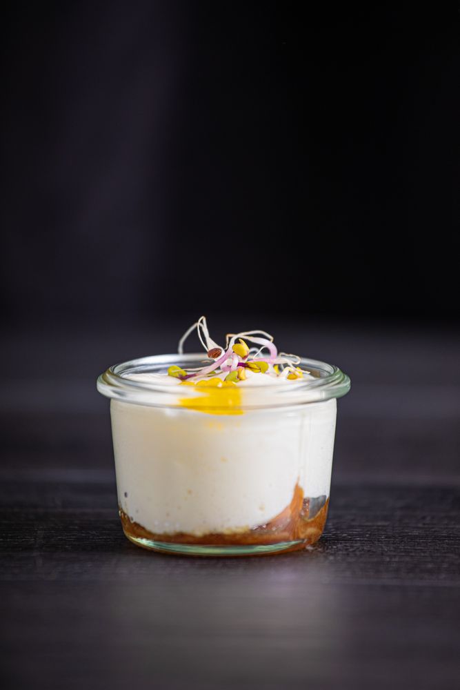 Mousse of goat cheese caramelized onion and extra virgin olive oil caviar