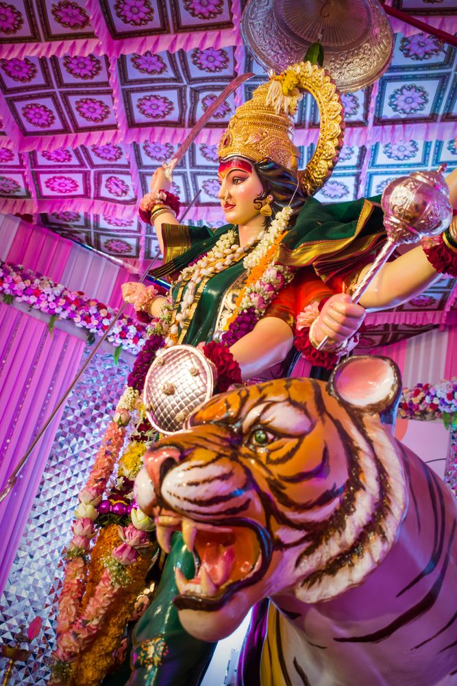 A beautiful idol of Maa Durga being worshipped at a temple in Mumbai for the auspicious Indian festival of Navratri