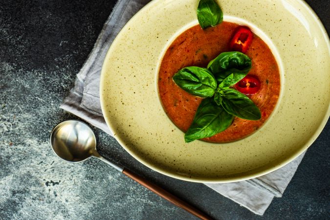 Elegant ceramic bowl of gazpacho soup with basil leaves and pepper garnish with copy space