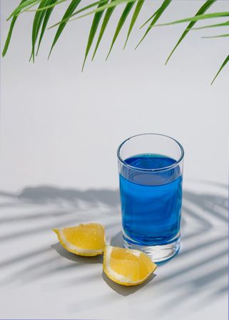 Lemon quarters with blue drink under green palm leaf shadow, vertical