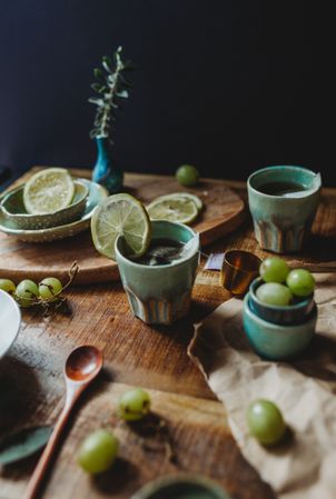 Arrangement of ceramic utensil on wood table