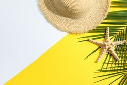 Summer vacation composition on two tone background. Space for text, top view