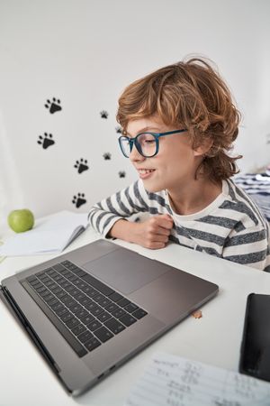 Cheerful boy in glasses browsing laptop