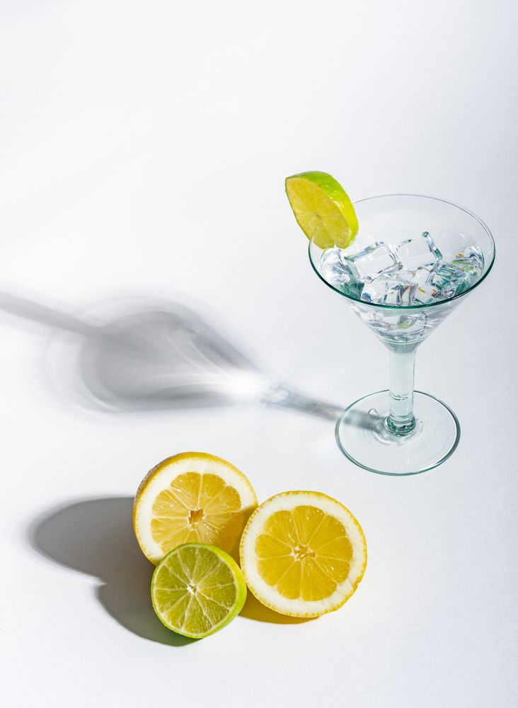 Cocktail glass with ice cubes and sliced citrus