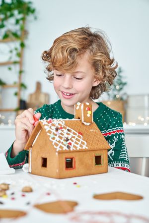Cheerful boy applying icing on gingerbread house