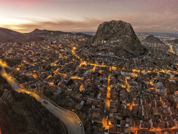 Aerial view of city Afyonkarahisar in Turkey by night